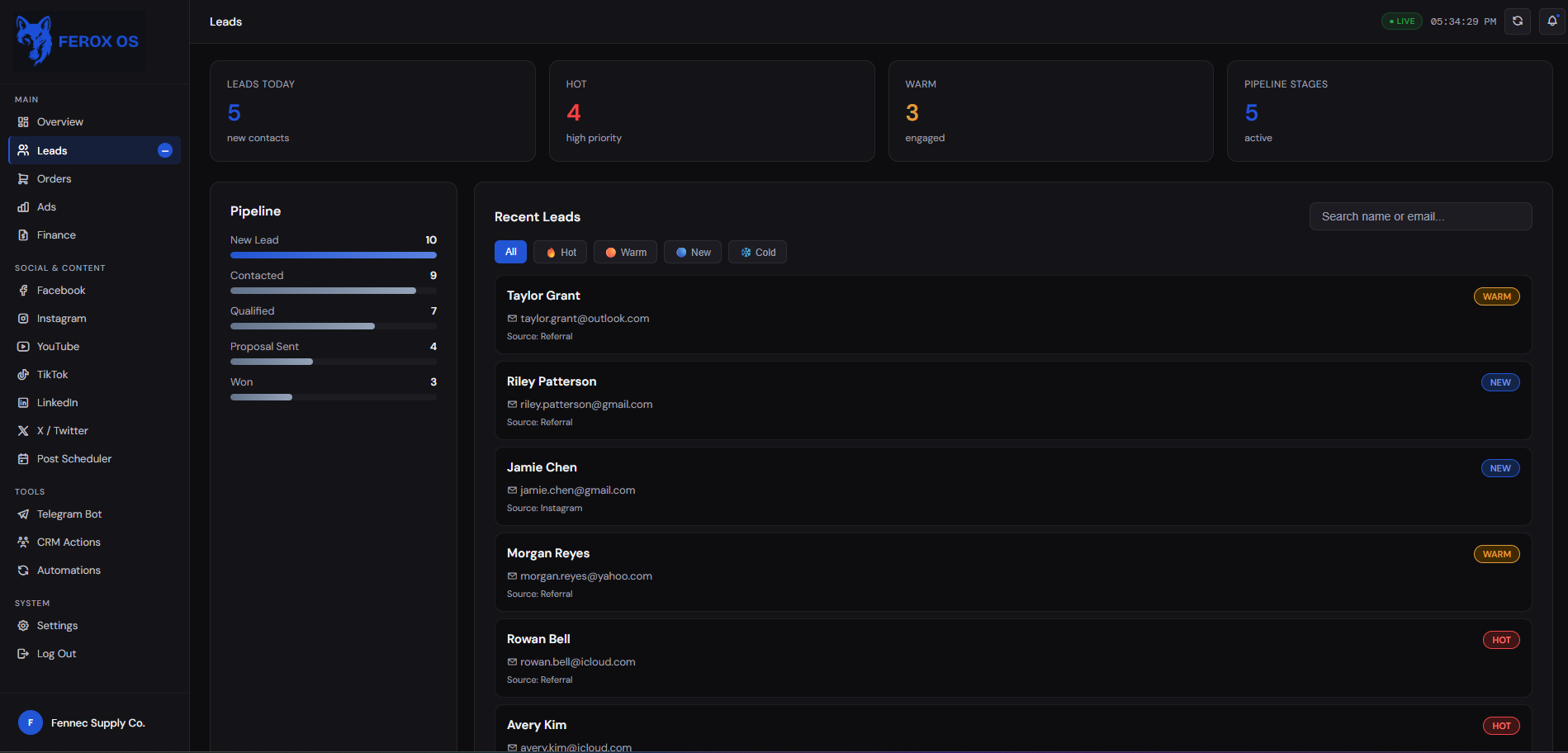 Ferox OS Leads pipeline dashboard