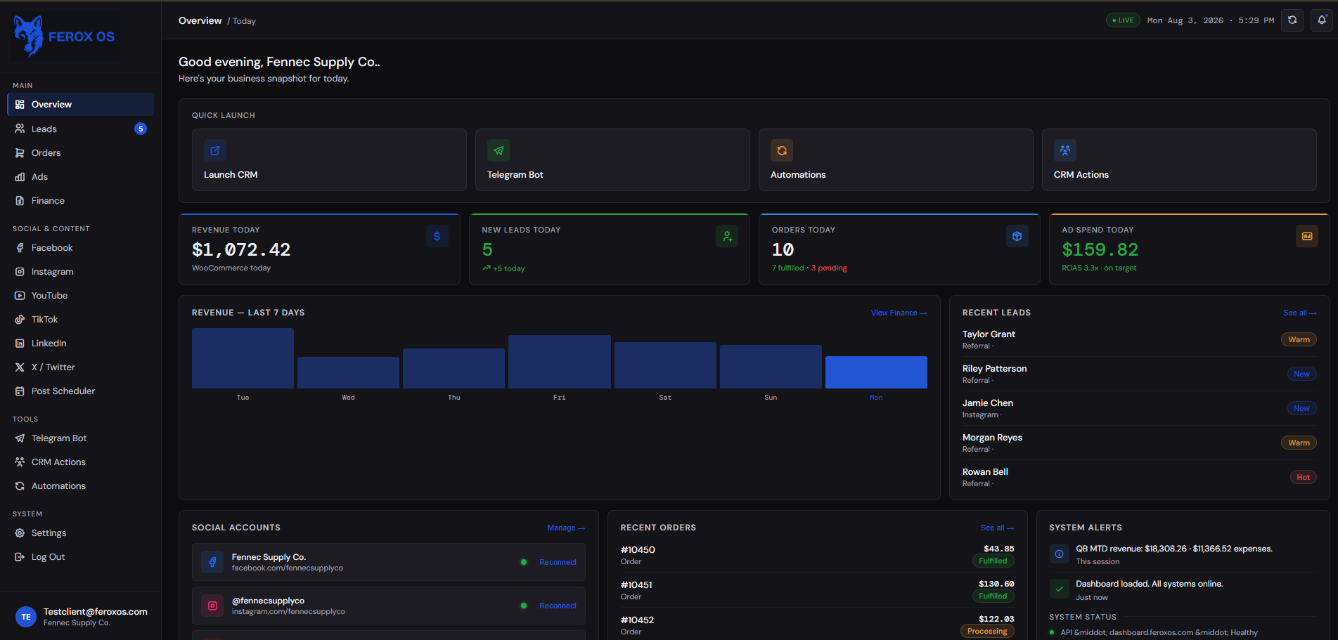Ferox OS Overview dashboard — live revenue, leads, orders and ad spend