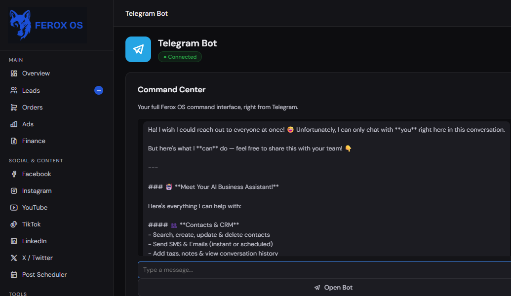 Ferox OS Telegram bot command center, live in the dashboard