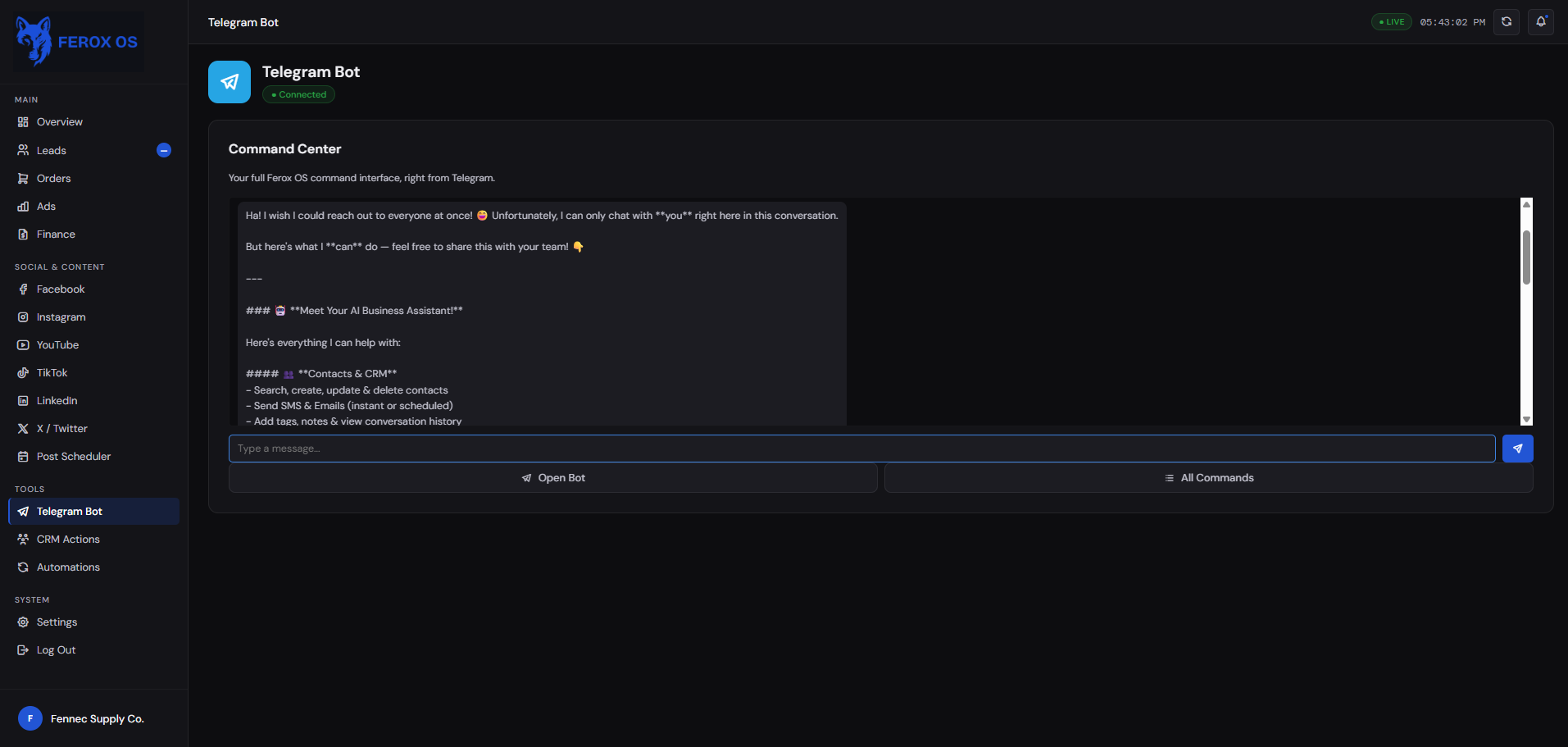 Ferox OS Telegram command center