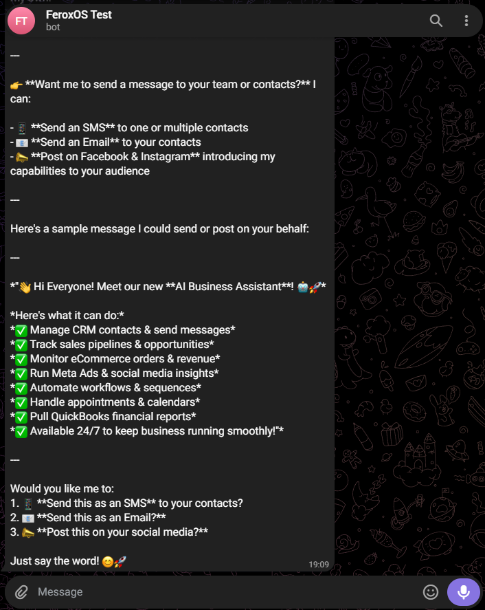 Real conversation with the Ferox OS Telegram bot showing its capabilities